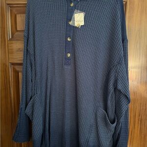 Free People Wilder Polo Navy Blue Tunic Medium Rinsed Cobalt